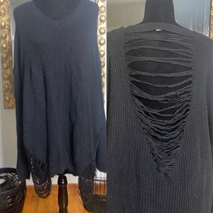 Distressed Black Frayed Ripped Slouchy Long-Sleeve V-neckline Popover Sweater